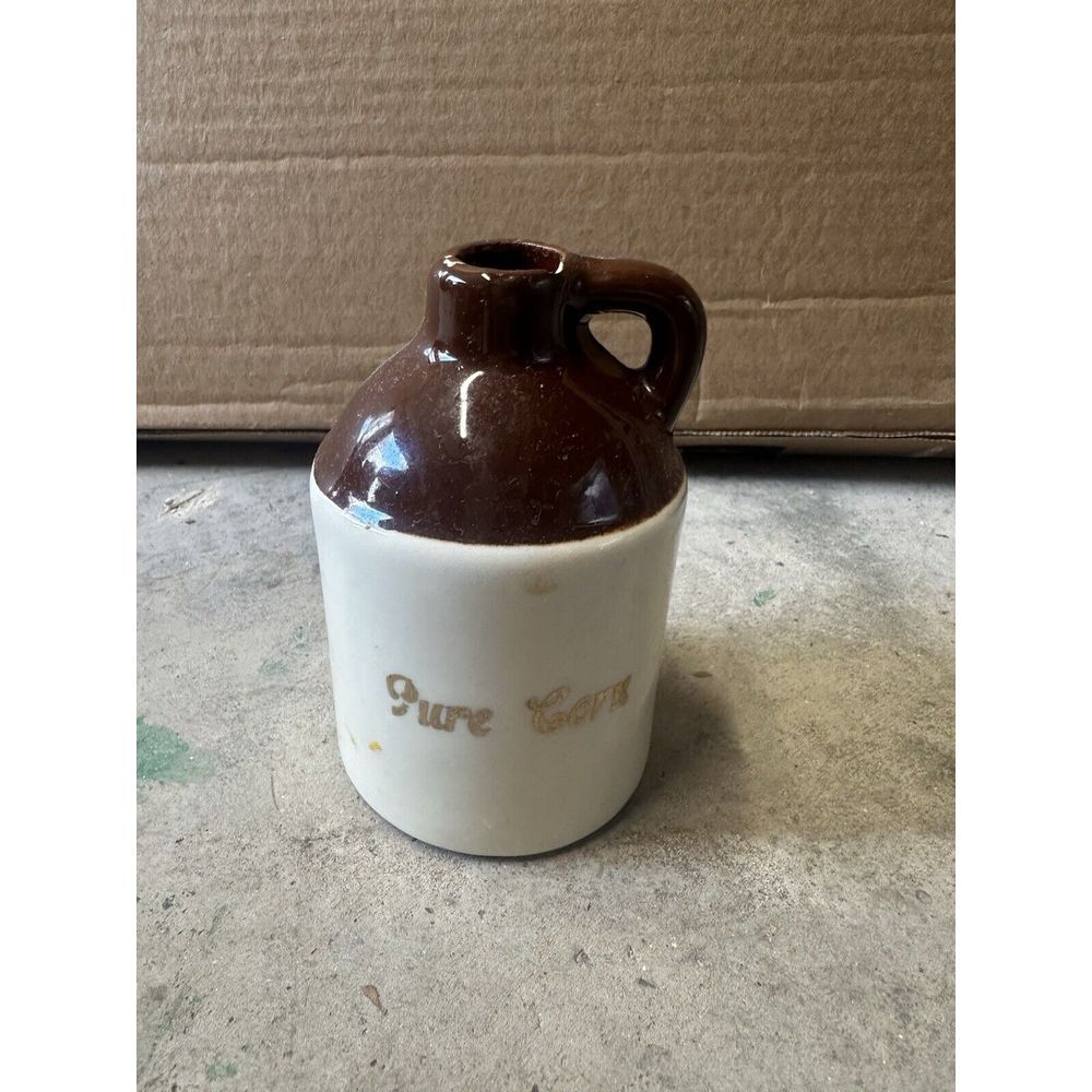 PURE CORN Rangeley Lakes, ME Brown Glaze Stoneware mini jug moonshine. USA.